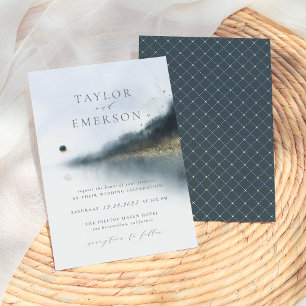 Navy Blue & Gold Pine Tree & Lake Wedding Invitation