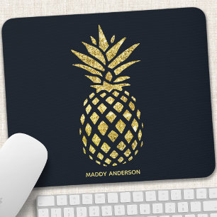 Navy Blue Gold Pineapple Monogram Mouse Pad