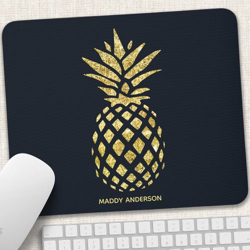 Navy Blue Gold Pineapple Monogram Mouse Pad