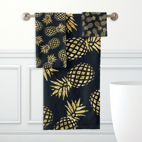 Navy Blue Gold Pineapple Pattern Bath Towel Set