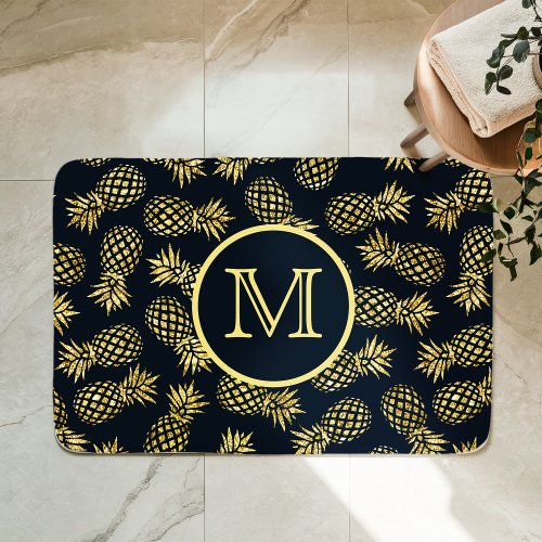 Navy Blue Gold Pineapple Pattern Monogram Bath Mat