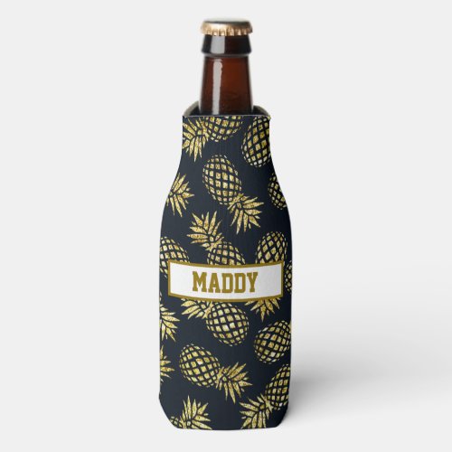 Custom Accessories 15 Navy Blue Gold Pineapple Pattern Monogram Bottle Cooler