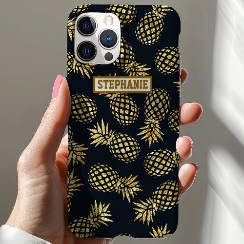 Navy Blue Gold Pineapple Pattern Monogram Name iPhone 15 Case