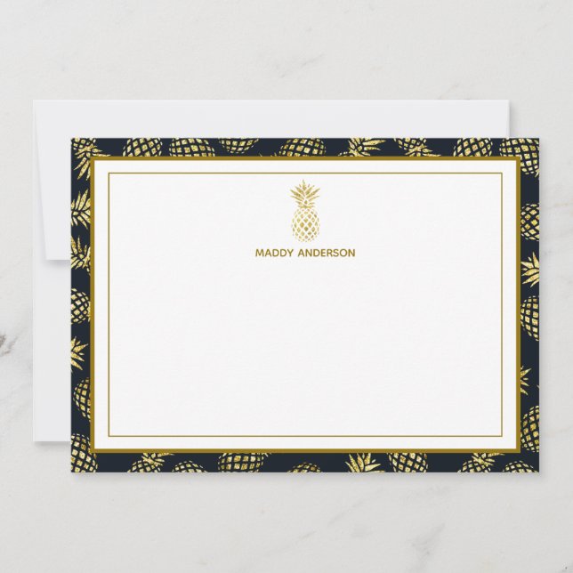 Navy Blue Gold Pineapple Pattern Monogram Note Card (Front)