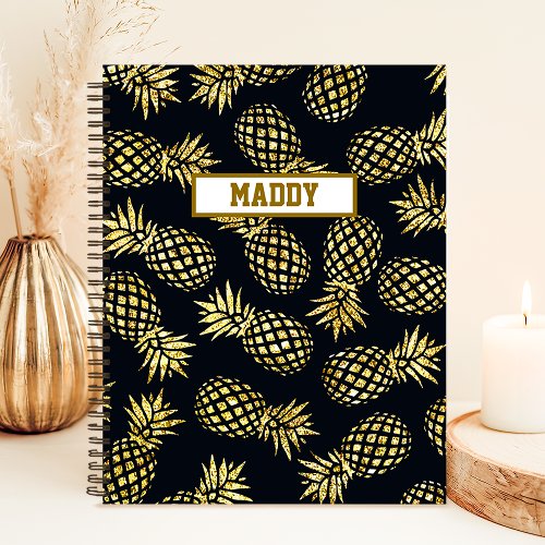 Navy Blue Gold Pineapple Pattern Monogram Notebook