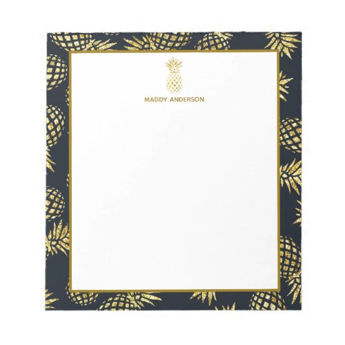 Navy Blue Gold Pineapple Pattern Monogram Notepad