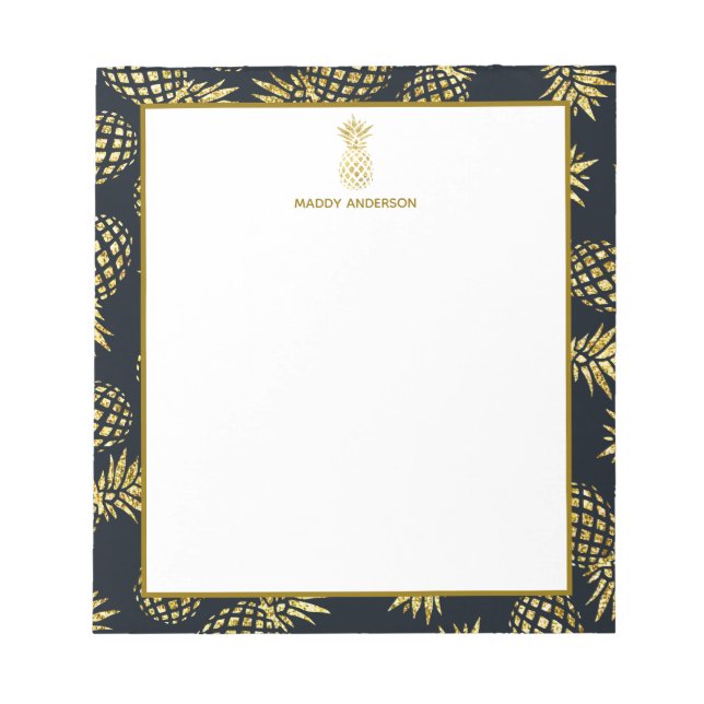 Navy Blue Gold Pineapple Pattern Monogram Notepad (Front)