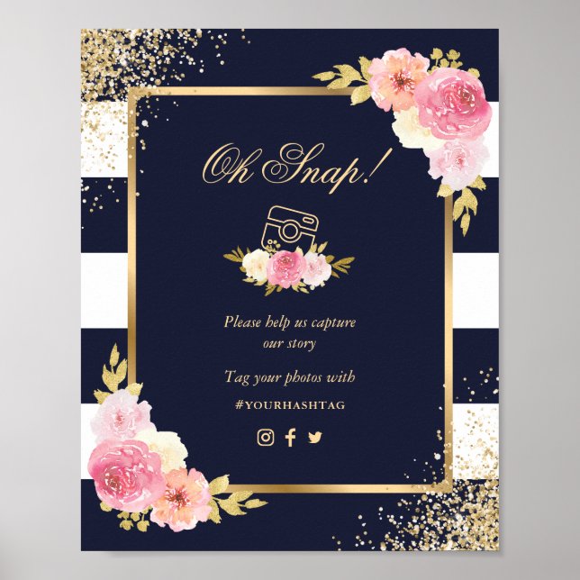 Navy Blue Gold Pink Floral Oh Snap Wedding Sign (Front)