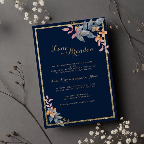 Navy blue gold pink orange gray floral Wedding Invitation