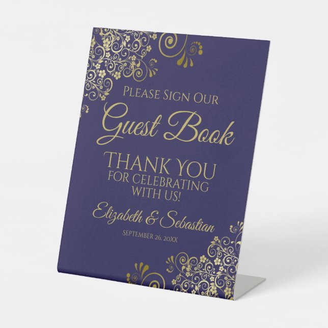 Navy Blue & Gold Please Sign our Guest Book Sign (Front)