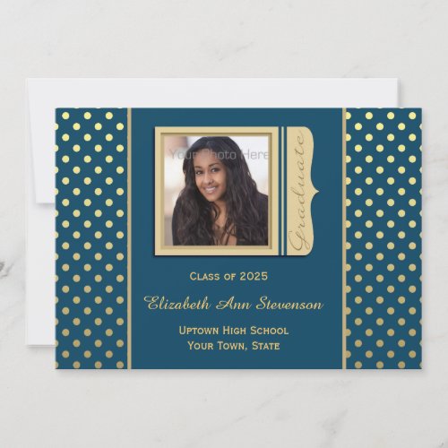 Navy Blue, Gold Polka Dots, Graduation Photo Personalized Invites