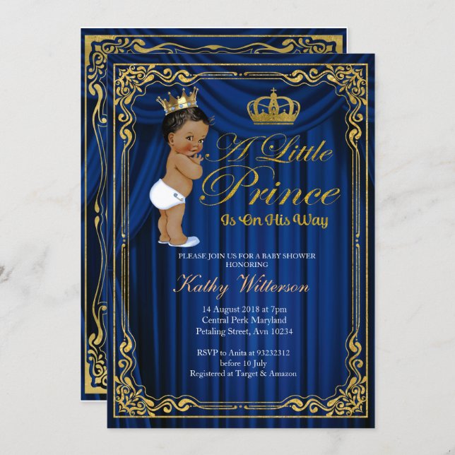 Navy Blue Gold Prince Ethnic Baby Shower invite (Front/Back)
