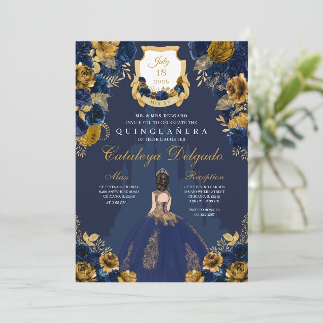 Navy Blue & Gold Princess Castle Quinceañera Invitation (Standing Front)