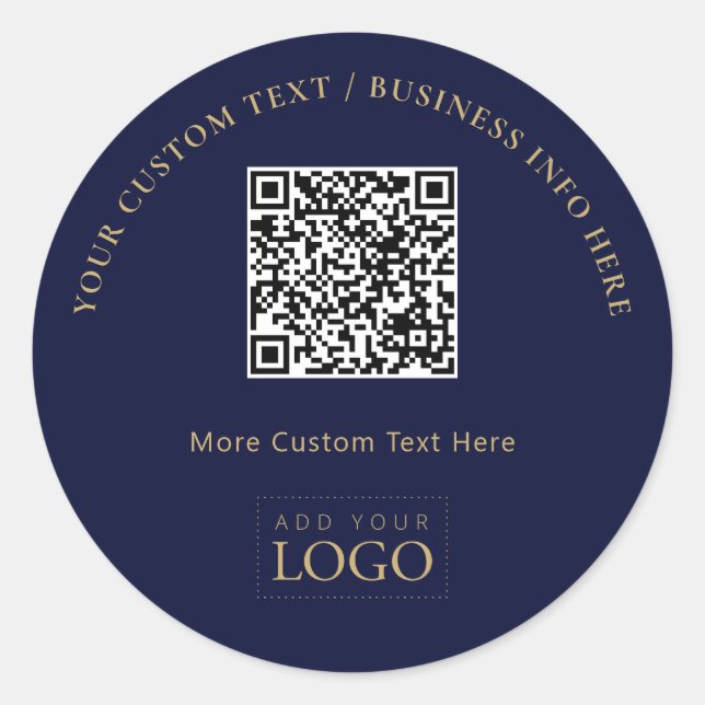 Navy Blue Gold Promotional Business Logo QR Code  Classic Round Sticker (Front)