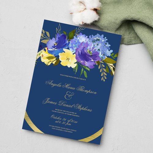 Navy blue gold purple lilac yellow floral wedding invitation