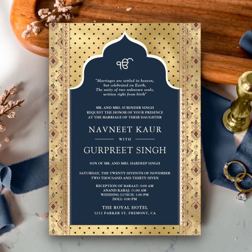 Navy Blue Gold QR Code Anand Karaj Sikh Wedding Invitation