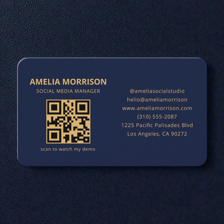 Navy Blue Gold QR Code Business Card