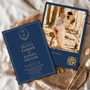 Navy Blue Gold QR Code Crest Photo Wedding Invitation