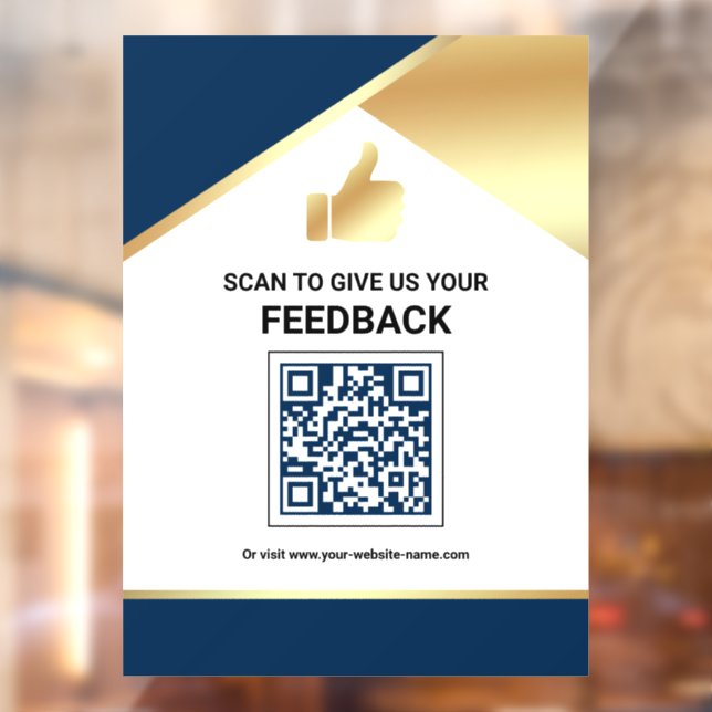 Navy Blue Gold QR Code Customer Feedback Review Window Cling (Sheet 2)