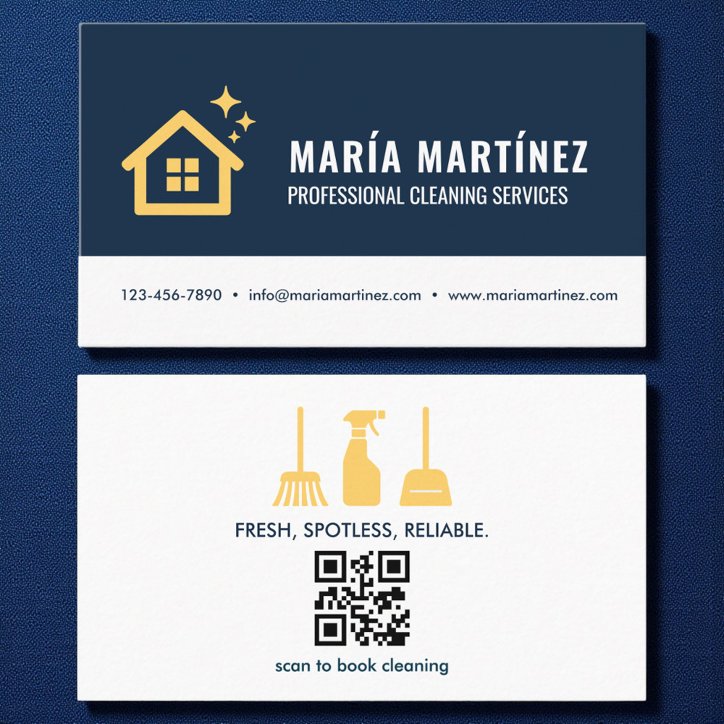 Navy Blue Gold QR Code House Cleaning Services Business Card