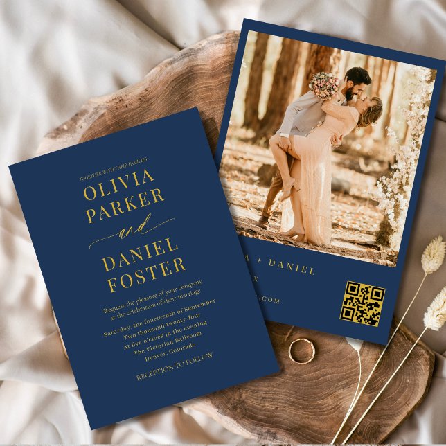 Navy Blue Gold QR Code Photo Elegant Wedding Invitation (Creator Uploaded)