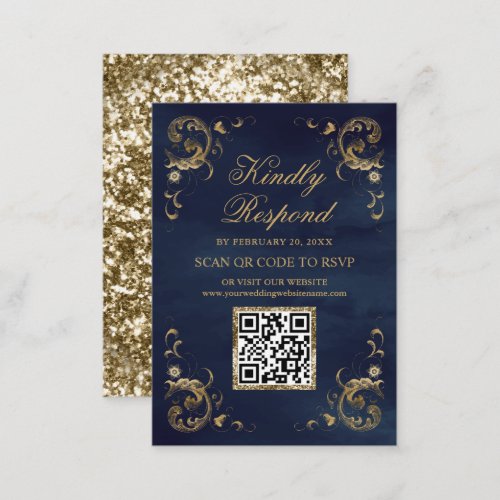Navy Blue Gold QR Code RSVP Wedding Website Enclosure Card