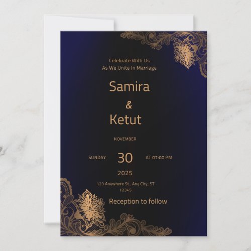 Navy Blue & Gold QR Code Wedding Invitation