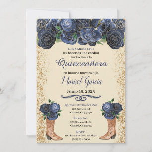 Navy Blue Gold Quinceanera Invitation Floral Blue 