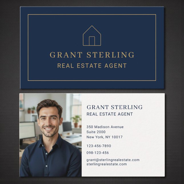 Navy Blue Gold Real Estate Agent Photo Business Card (Creator Uploaded)