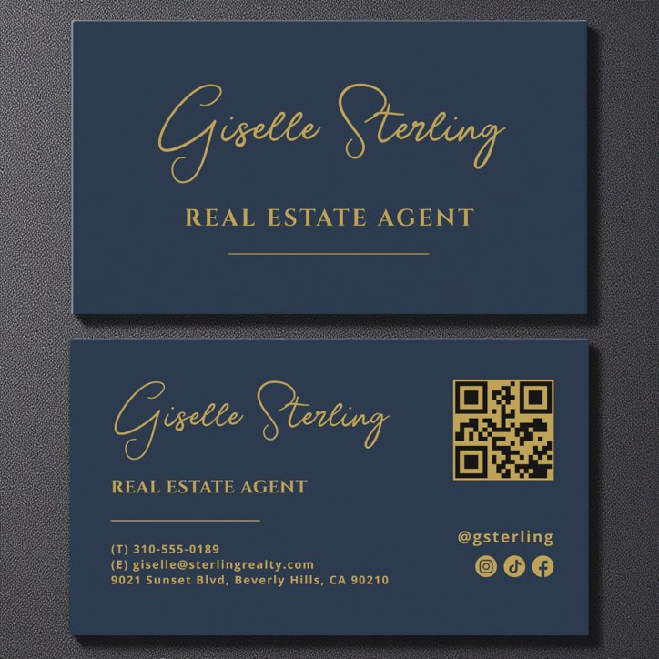 Navy Blue Gold Real Estate Agent QR Code Business Card