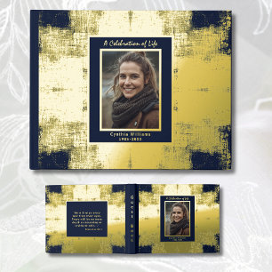 Navy Blue Gold Real Foil Funeral GuestBook Elegant