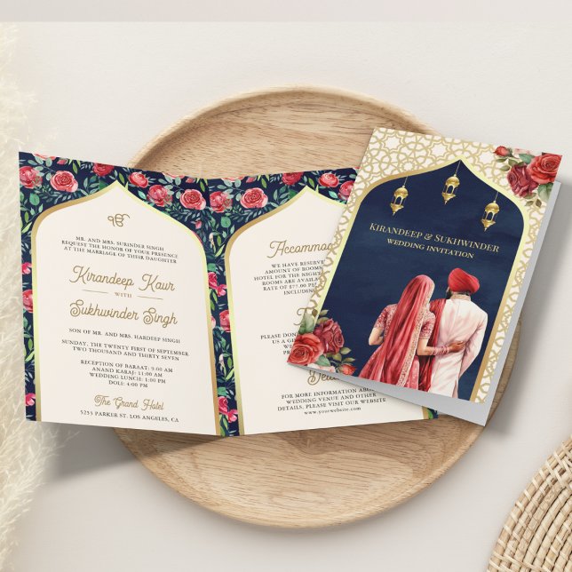 Navy Blue Gold Red Floral All in One Sikh Wedding Invitation (Creator Uploaded)