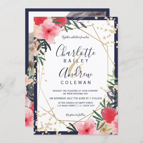 Navy blue gold red floral script photo wedding invitation