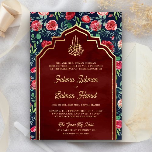 Navy Blue Gold Red Roses Floral Muslim Wedding Invitation