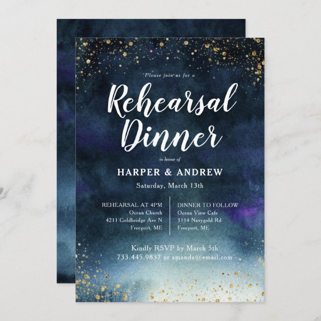 Navy Blue Gold Rehearsal Dinner Invitation (Front/Back)