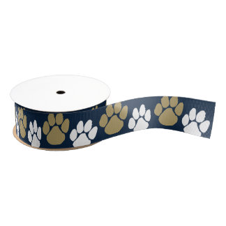 Navy Blue & Gold Repeating Pawprint Grosgrain Ribbon