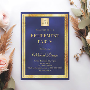 Navy blue gold retirement party business logo invitation