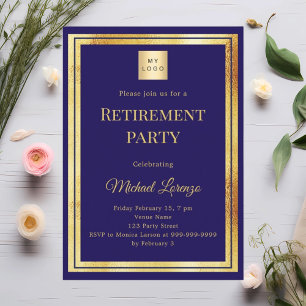 Navy blue gold retirement party business logo invitation