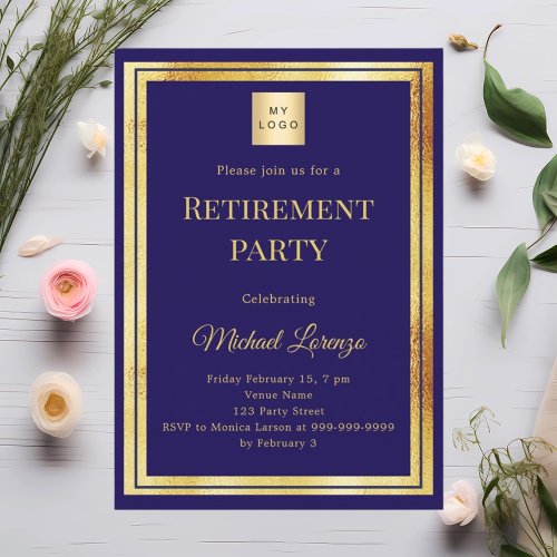 Navy blue gold retirement party business logo
