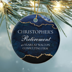 Navy Blue Gold Retirement Personalized Christmas Ceramic Ornament