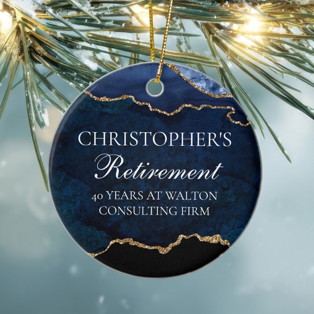 Navy Blue Gold Retirement Personalized Christmas Ceramic Ornament (Creator Uploaded)
