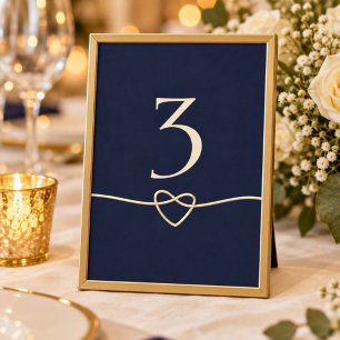 Navy Blue Gold Rope Heart Wedding Table Number