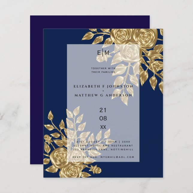 Navy Blue Gold Rose Metallic Wedding Invitations (Front/Back)