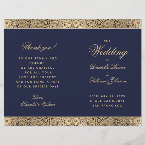 Navy Blue Gold Rose Vintage Folded Wedding Program
