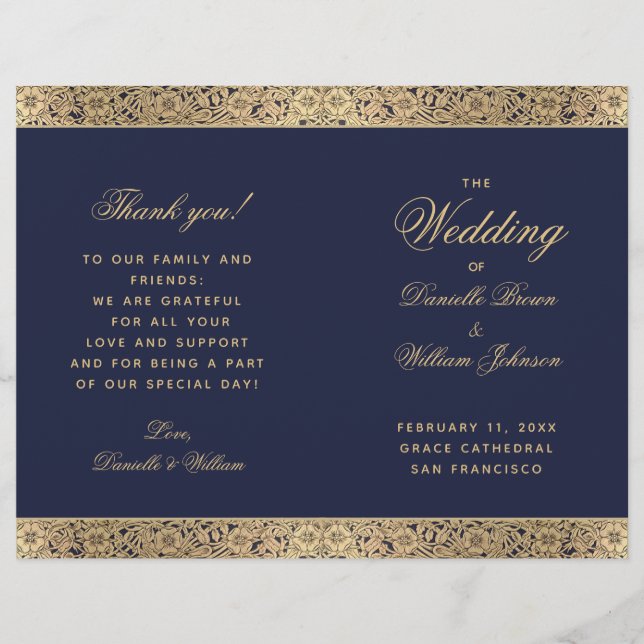 Navy Blue Gold Rose Vintage Folded Wedding Program (Front)