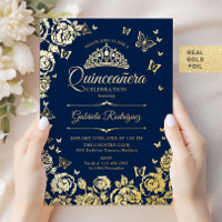 Navy Blue Gold Roses Butterflies Quinceanera