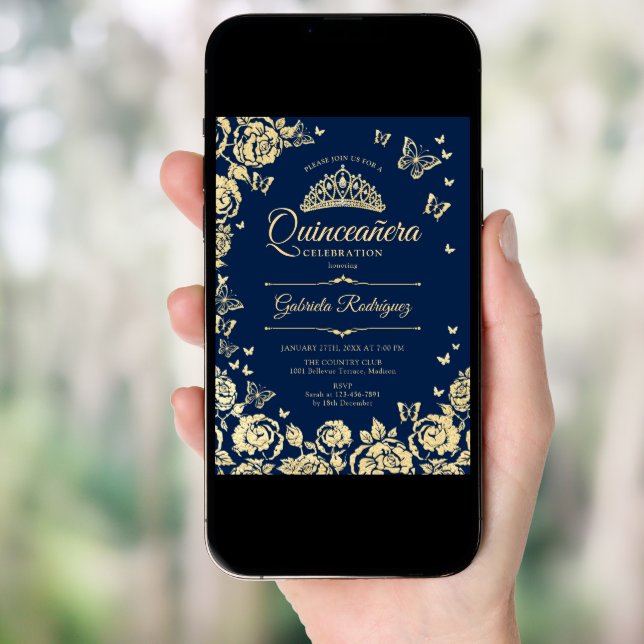 Navy Blue Gold Roses Butterflies Quinceanera Invitation (Front Digital)