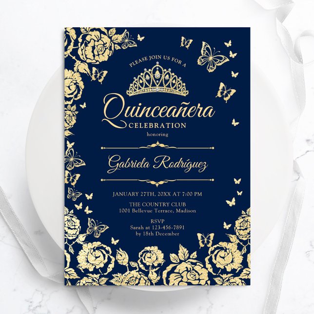 Navy Blue Gold Roses Butterflies Quinceanera Invitation (Creator Uploaded)