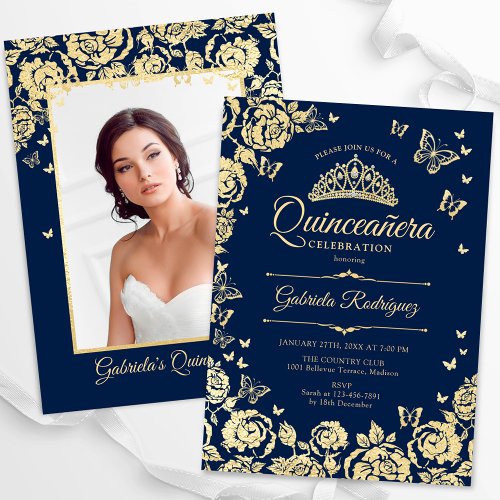 Navy Blue Gold Roses Butterflies Quinceanera Photo Invitation