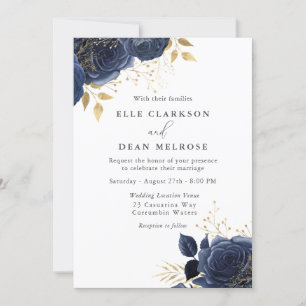 Navy Blue & Gold Roses Elegant Wedding Invitation